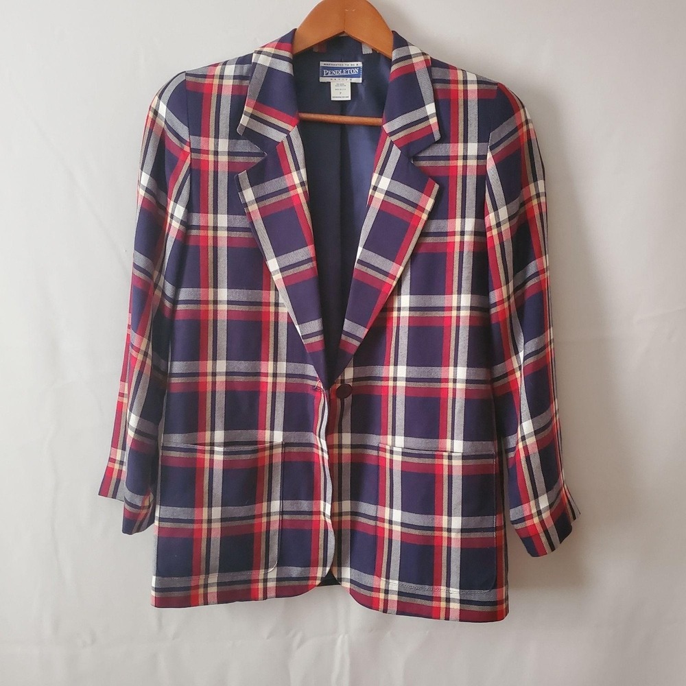 Pendleton Women's Vintage Red Blue Tartan Plaid Blazer Jacket Top Size Petite - Picture 5 of 12